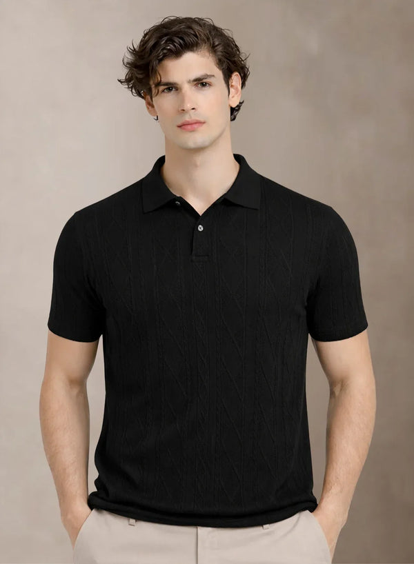 Adro Men’s Flat Knit Polo T-Shirt | Premium Textured Short Sleeve Polo Tshirt | Soft Stretch Fabric | Smart Black Casual T shirt