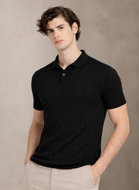 Adro Men’s Flat Knit Polo T-Shirt | Premium Textured Short Sleeve Polo Tshirt | Soft Stretch Fabric | Smart Black Casual T shirt