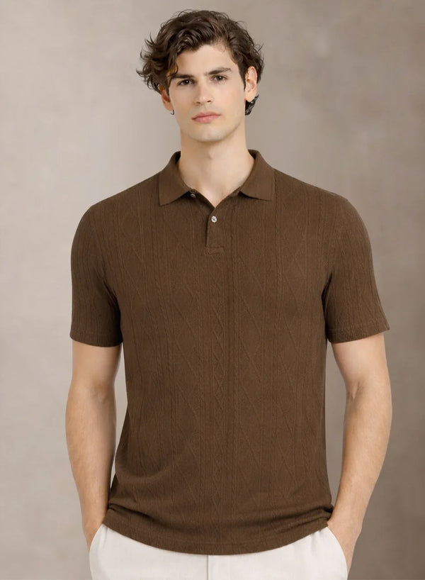 Adro Men’s Flat Knit Polo T-Shirt | Premium Textured Short Sleeve Polo Tshirt | Soft Stretch Fabric | Smart Brown Casual T shirt