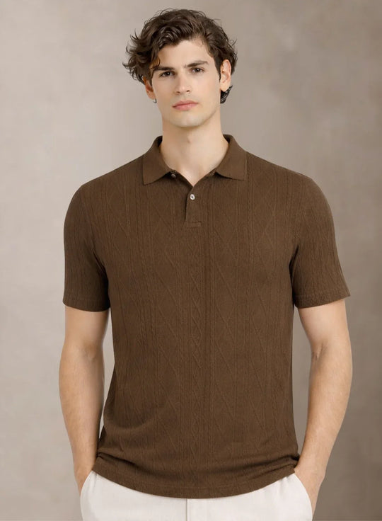 Adro Men’s Flat Knit Polo T-Shirt | Premium Textured Short Sleeve Polo Tshirt | Soft Stretch Fabric | Smart Brown Casual T shirt