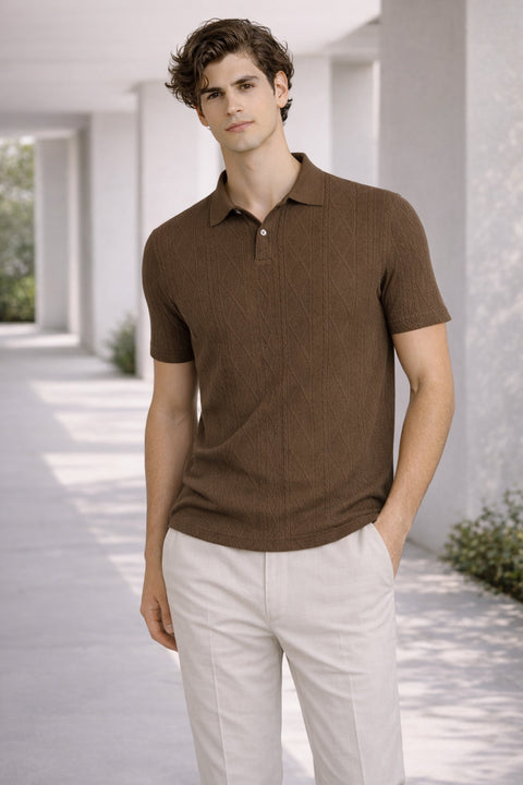 Adro Men’s Flat Knit Polo T-Shirt | Premium Textured Short Sleeve Polo Tshirt | Soft Stretch Fabric | Smart Brown Casual T shirt