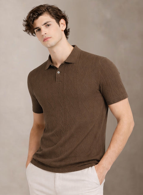 Adro Men’s Flat Knit Polo T-Shirt | Premium Textured Short Sleeve Polo Tshirt | Soft Stretch Fabric | Smart Brown Casual T shirt