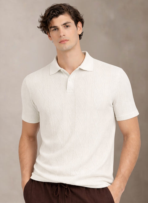 Adro Men’s Flat Knit Polo T-Shirt | Premium Textured Short Sleeve Polo Tshirt | Soft Stretch Fabric | Smart Off White Casual T shirt