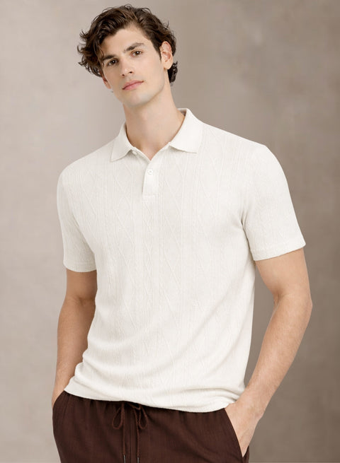 Adro Men’s Flat Knit Polo T-Shirt | Premium Textured Short Sleeve Polo Tshirt | Soft Stretch Fabric | Smart Off White Casual T shirt