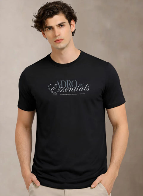Adro Printed T Shirt for Men | 180 GSM Cotton Lycra | Regular Fit Printed T-Shirt | Soft Breathable Fabric | Tshirts for men | Graphic Print Tee Black