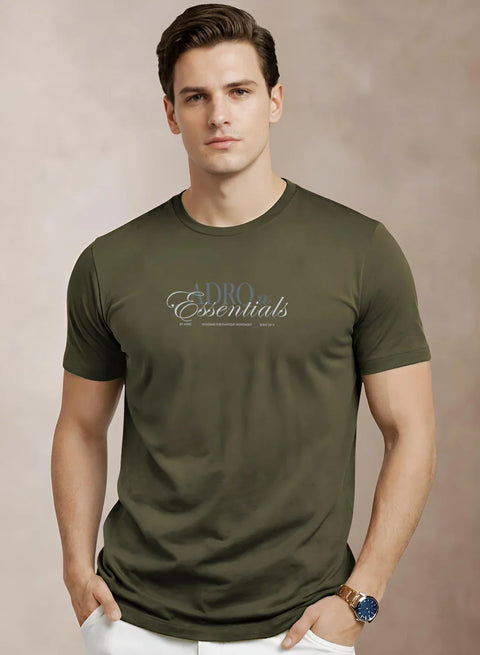 Adro Printed T Shirt for Men | 180 GSM Cotton Lycra | Regular Fit Printed T-Shirt | Soft Breathable Fabric | Tshirts for men | Graphic Print Tee Olive