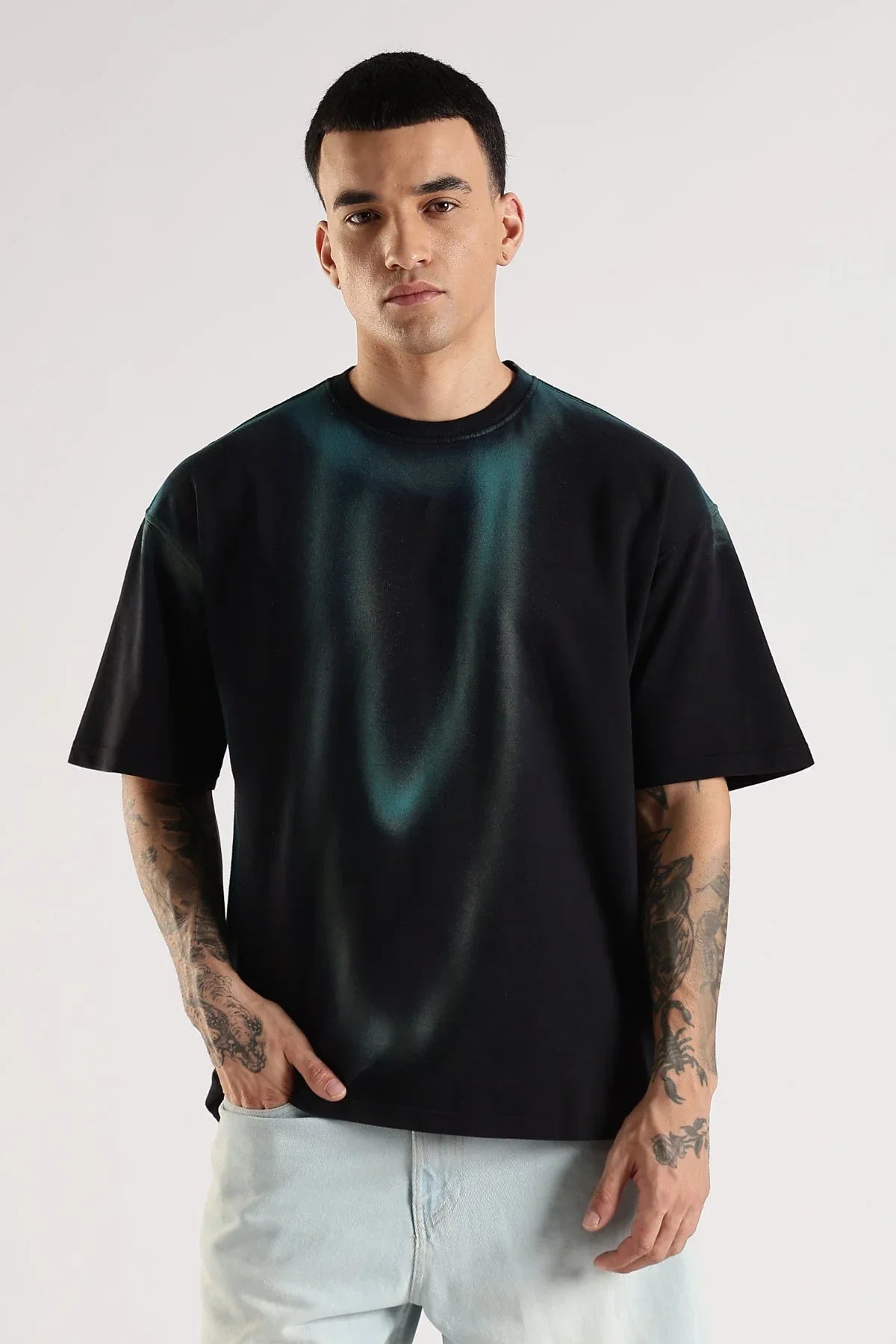 Adro Trendy Oversized Baggy Fit Drop Shoulder Tshirt in Tie & Dye Style | French Terry Cotton Heavy Fabric Crew Neck T Shirt for Men Black, SkyBlue