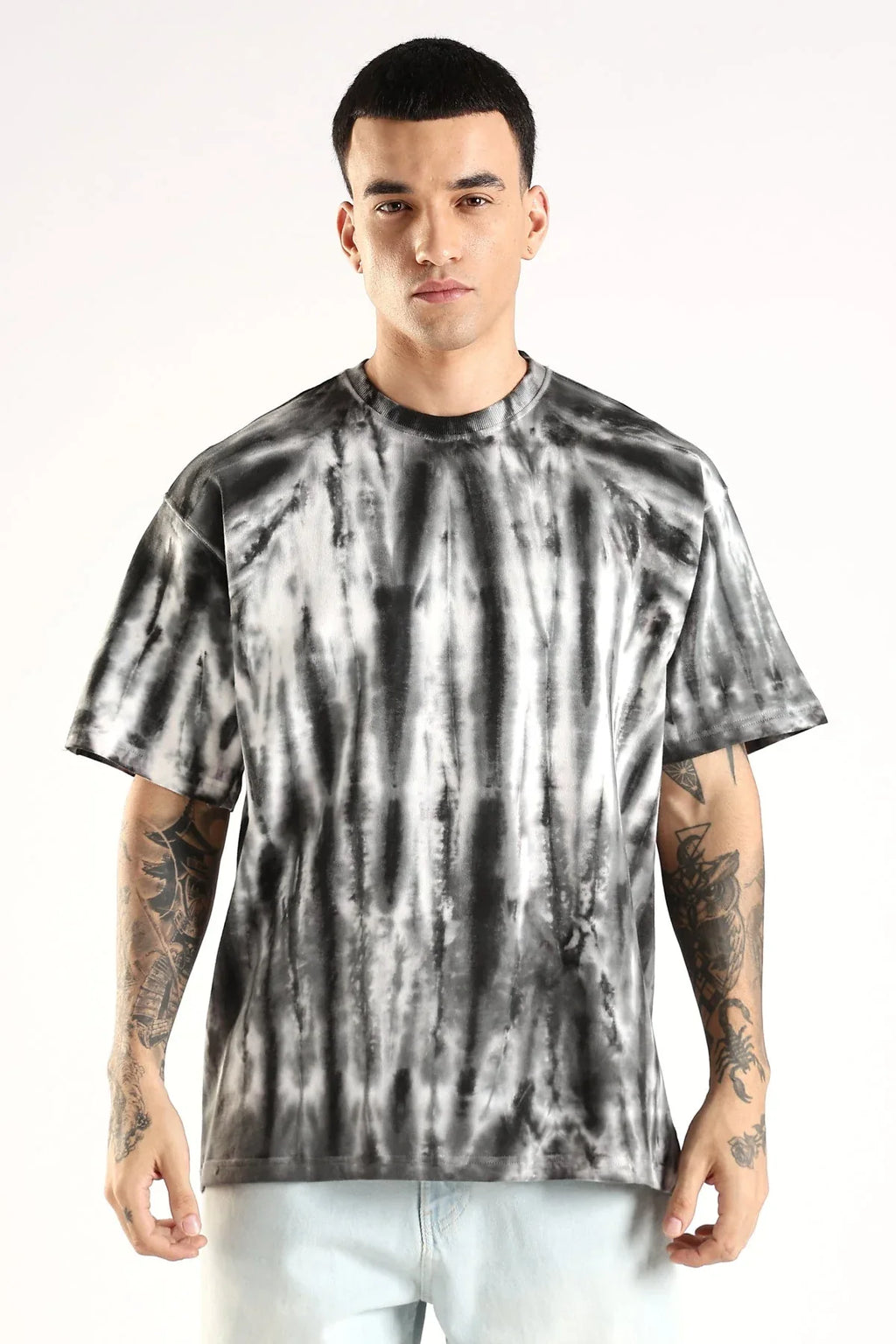 Adro Trendy Oversized Baggy Fit Drop Shoulder Tshirt in Tie & Dye Style | French Terry Cotton Heavy Fabric Crew Neck T Shirt for Men Black, White