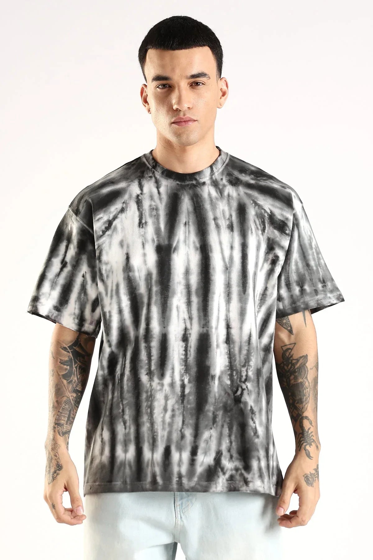 Adro Trendy Oversized Baggy Fit Drop Shoulder Tshirt in Tie & Dye Style | French Terry Cotton Heavy Fabric Crew Neck T Shirt for Men Black, White