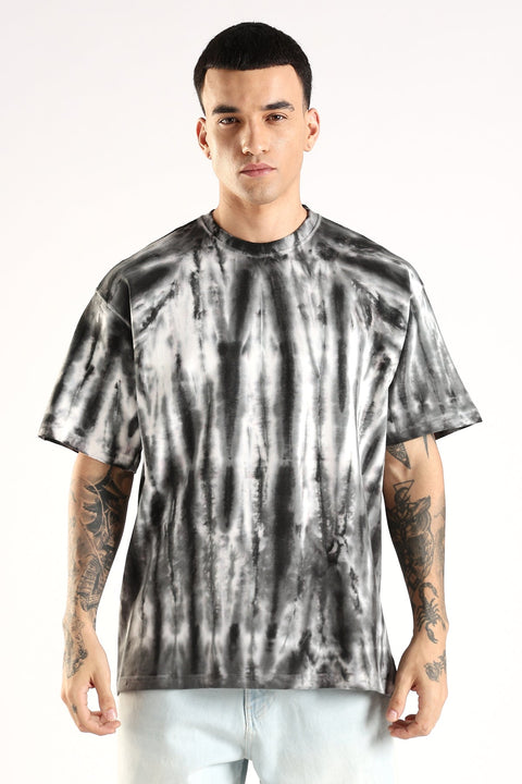 Adro Trendy Oversized Baggy Fit Drop Shoulder Tshirt in Tie & Dye Style | French Terry Cotton Heavy Fabric Crew Neck T Shirt for Men Black, White