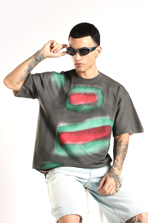 Adro Trendy Oversized Baggy Fit Drop Shoulder Tshirt in Tie & Dye Style | French Terry Cotton Heavy Fabric Crew Neck T Shirt for Men Dark Grey, Red