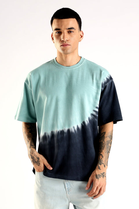Adro Trendy Oversized Baggy Fit Drop Shoulder Tshirt in Tie & Dye Style | French Terry Cotton Heavy Fabric Crew Neck T Shirt for Men Skyblue, Navyblue