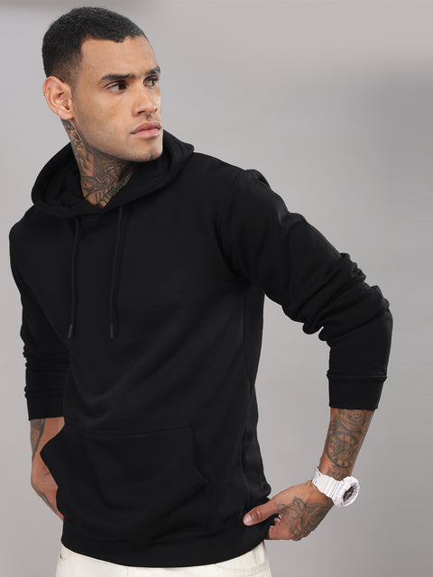 ADRO Men's Fleece Cotton Solid Black Hoodie