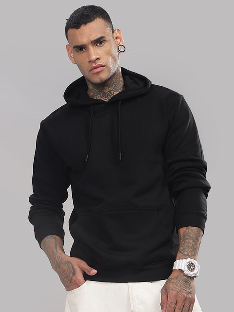 ADRO Men's Fleece Cotton Solid Black Hoodie