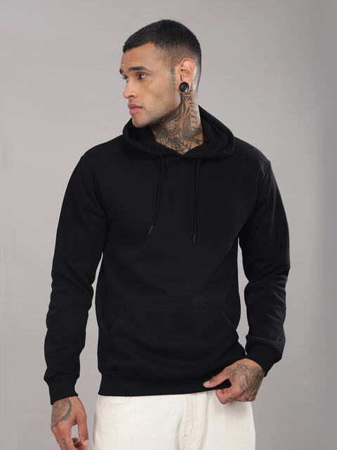 ADRO Men's Fleece Cotton Solid Black Hoodie