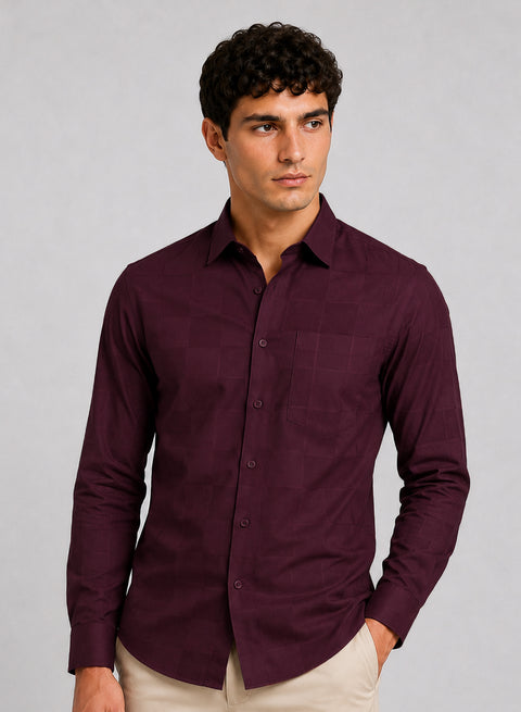ADRO Men's Textured Windowpane Check Shirt - Burgundy