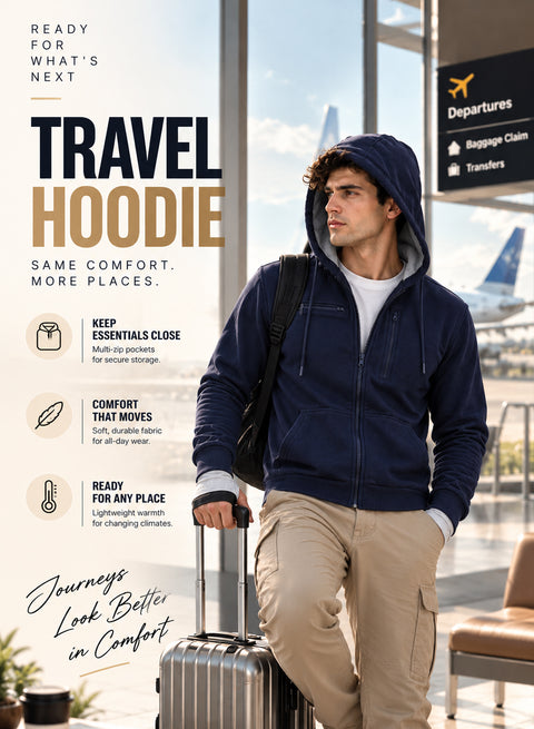 Adro Travel Hoodie for Men | Mens Multi Utility Zipper Hoodies| 320 GSM Soft Cotton |Men's Winter Sweatshirt | Waterproof Pockets Zip-Up Jacket with Hood Eye Shade | Navy Blue