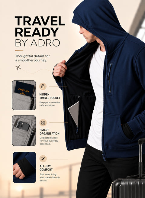 Adro Travel Hoodie for Men | Mens Multi Utility Zipper Hoodies| 320 GSM Soft Cotton |Men's Winter Sweatshirt | Waterproof Pockets Zip-Up Jacket with Hood Eye Shade | Navy Blue