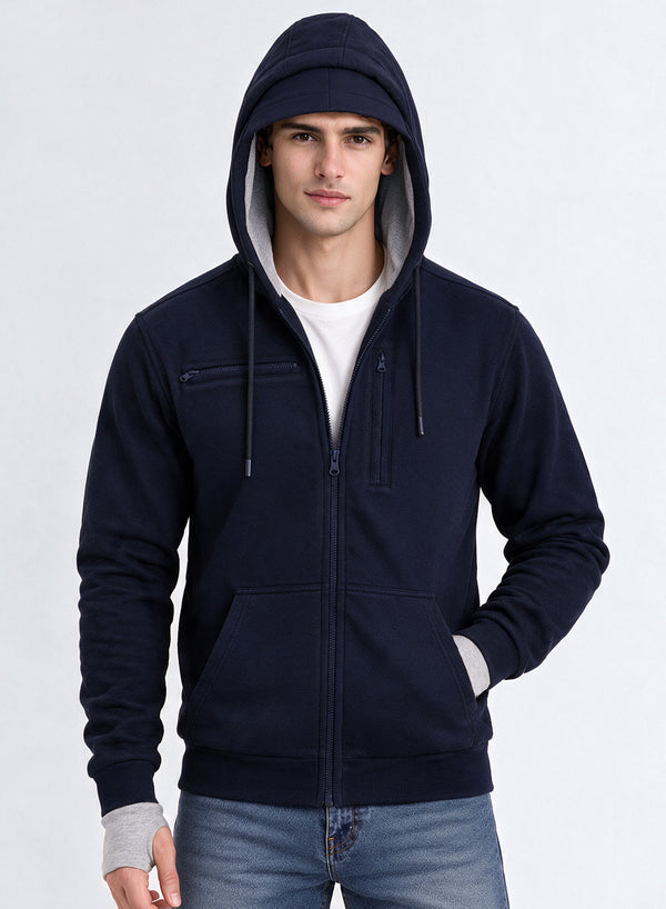 Adro Travel Hoodie for Men | Mens Multi Utility Zipper Hoodies| 320 GSM Soft Cotton |Men's Winter Sweatshirt | Waterproof Pockets Zip-Up Jacket with Hood Eye Shade | Navy Blue