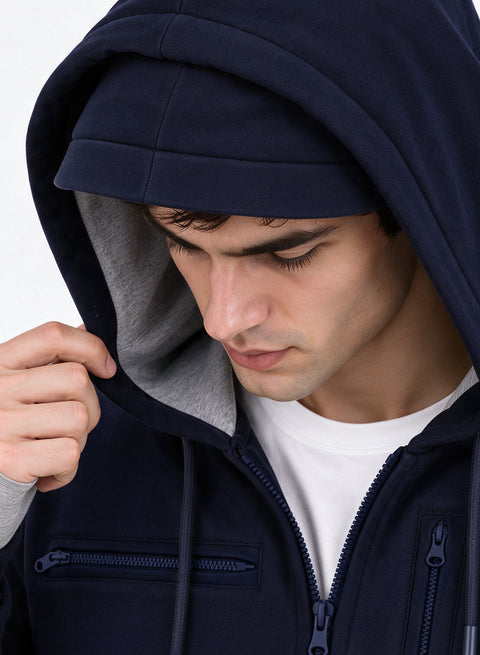 Adro Travel Hoodie for Men | Mens Multi Utility Zipper Hoodies| 320 GSM Soft Cotton |Men's Winter Sweatshirt | Waterproof Pockets Zip-Up Jacket with Hood Eye Shade | Navy Blue
