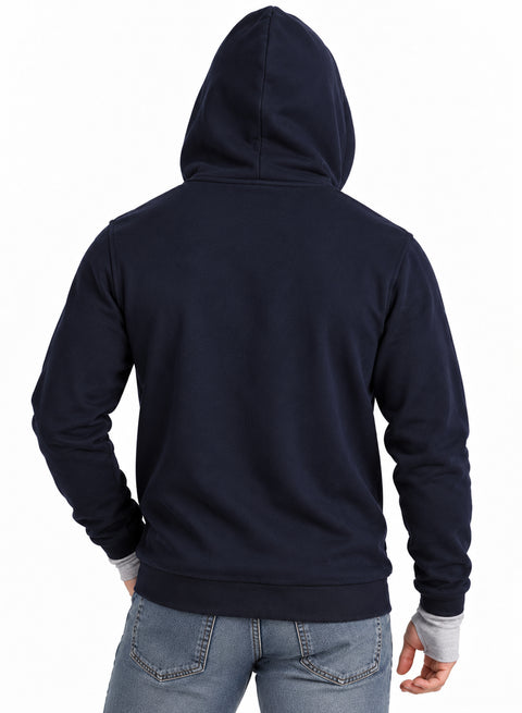 Adro Travel Hoodie for Men | Mens Multi Utility Zipper Hoodies| 320 GSM Soft Cotton |Men's Winter Sweatshirt | Waterproof Pockets Zip-Up Jacket with Hood Eye Shade | Navy Blue