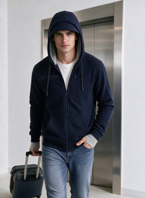 Adro Travel Hoodie for Men | Mens Multi Utility Zipper Hoodies| 320 GSM Soft Cotton |Men's Winter Sweatshirt | Waterproof Pockets Zip-Up Jacket with Hood Eye Shade | Navy Blue