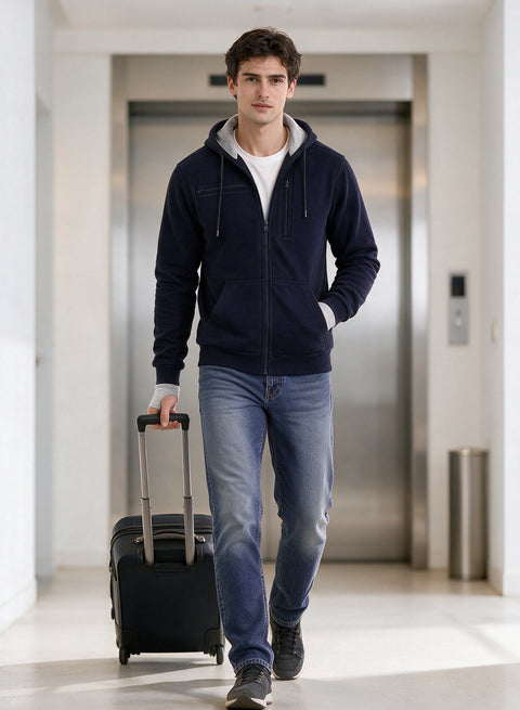Adro Travel Hoodie for Men | Mens Multi Utility Zipper Hoodies| 320 GSM Soft Cotton |Men's Winter Sweatshirt | Waterproof Pockets Zip-Up Jacket with Hood Eye Shade | Navy Blue