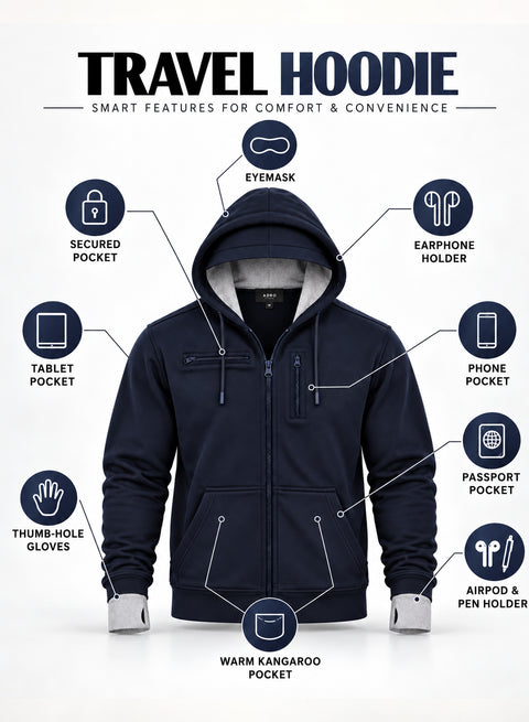 Adro Travel Hoodie for Men | Mens Multi Utility Zipper Hoodies| 320 GSM Soft Cotton |Men's Winter Sweatshirt | Waterproof Pockets Zip-Up Jacket with Hood Eye Shade | Navy Blue