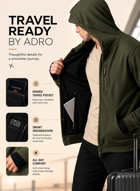 Adro Travel Hoodie for Men | Mens Multi Utility Zipper Hoodies| 320 GSM Soft Cotton |Men's Winter Sweatshirt | Waterproof Pockets Zip-Up Jacket with Hood Eye Shade | Olive