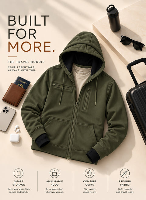 Adro Travel Hoodie for Men | Mens Multi Utility Zipper Hoodies| 320 GSM Soft Cotton |Men's Winter Sweatshirt | Waterproof Pockets Zip-Up Jacket with Hood Eye Shade | Olive