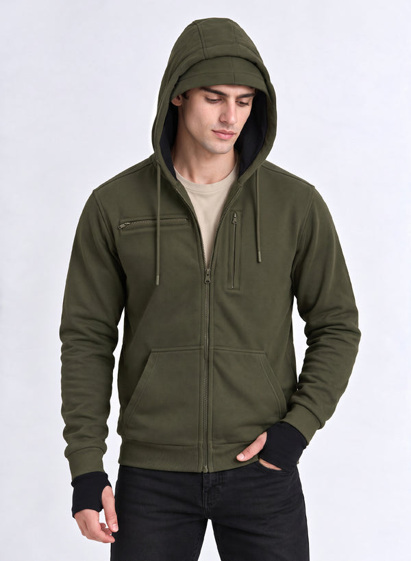 Adro Travel Hoodie for Men | Mens Multi Utility Zipper Hoodies| 320 GSM Soft Cotton |Men's Winter Sweatshirt | Waterproof Pockets Zip-Up Jacket with Hood Eye Shade | Olive