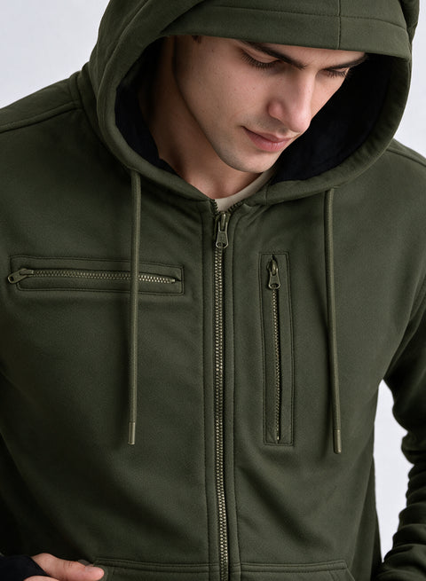 Adro Travel Hoodie for Men | Mens Multi Utility Zipper Hoodies| 320 GSM Soft Cotton |Men's Winter Sweatshirt | Waterproof Pockets Zip-Up Jacket with Hood Eye Shade | Olive