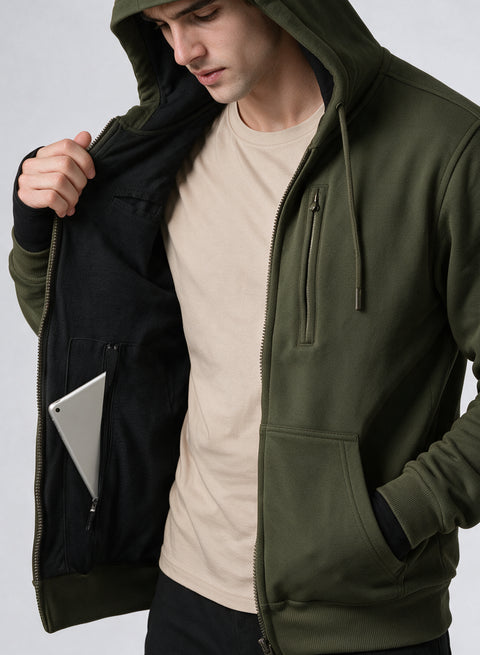 Adro Travel Hoodie for Men | Mens Multi Utility Zipper Hoodies| 320 GSM Soft Cotton |Men's Winter Sweatshirt | Waterproof Pockets Zip-Up Jacket with Hood Eye Shade | Olive