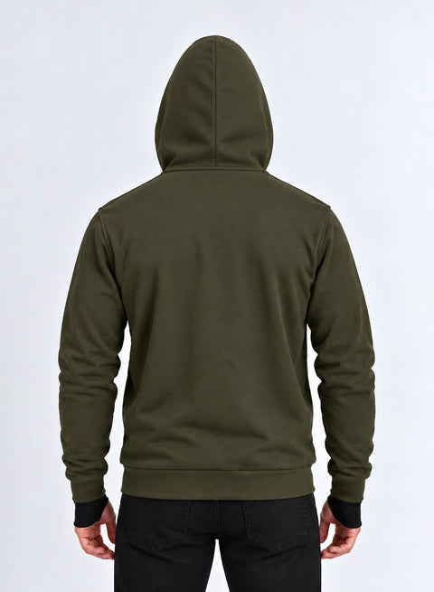 Adro Travel Hoodie for Men | Mens Multi Utility Zipper Hoodies| 320 GSM Soft Cotton |Men's Winter Sweatshirt | Waterproof Pockets Zip-Up Jacket with Hood Eye Shade | Olive