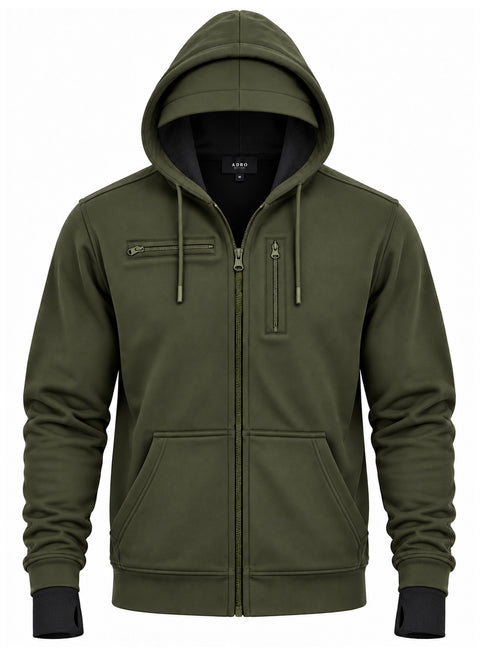 Adro Travel Hoodie for Men | Mens Multi Utility Zipper Hoodies| 320 GSM Soft Cotton |Men's Winter Sweatshirt | Waterproof Pockets Zip-Up Jacket with Hood Eye Shade | Olive