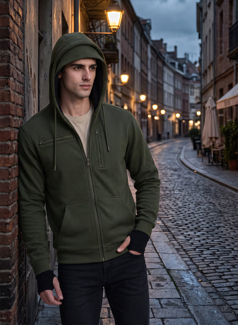 Adro Travel Hoodie for Men | Mens Multi Utility Zipper Hoodies| 320 GSM Soft Cotton |Men's Winter Sweatshirt | Waterproof Pockets Zip-Up Jacket with Hood Eye Shade | Olive