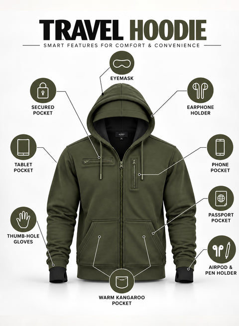Adro Travel Hoodie for Men | Mens Multi Utility Zipper Hoodies| 320 GSM Soft Cotton |Men's Winter Sweatshirt | Waterproof Pockets Zip-Up Jacket with Hood Eye Shade | Olive