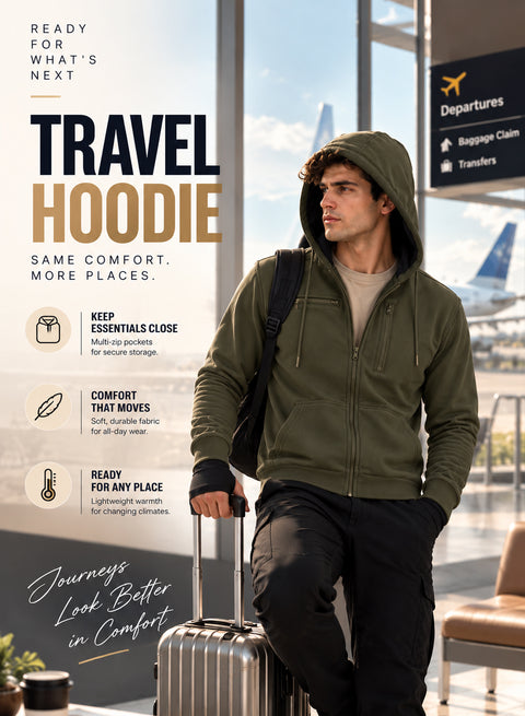 Adro Travel Hoodie for Men | Mens Multi Utility Zipper Hoodies| 320 GSM Soft Cotton |Men's Winter Sweatshirt | Waterproof Pockets Zip-Up Jacket with Hood Eye Shade | Olive
