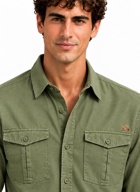 ADRO Men's Utility Pocket Cargo Shirt | Full Sleeve Button Down Utility Cargo Shirt | Olive Green | Regular Fit | Multi Pocket Casual Streetwear