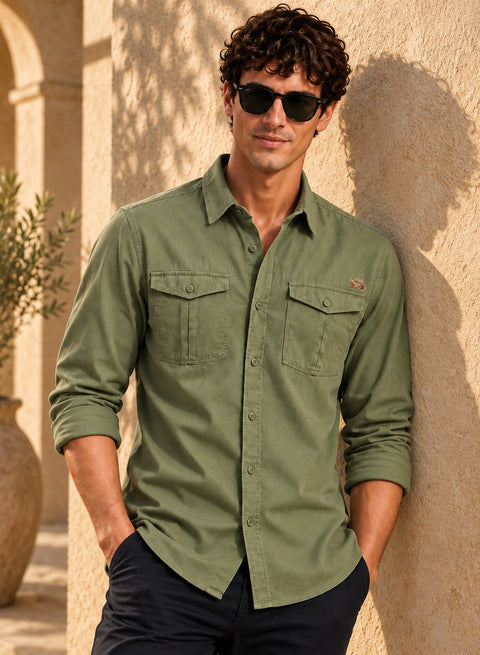 ADRO Men's Utility Pocket Cargo Shirt | Full Sleeve Button Down Utility Cargo Shirt | Olive Green | Regular Fit | Multi Pocket Casual Streetwear