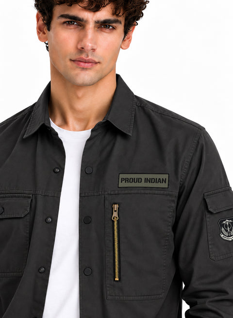ADRO Men's Proud Indian Cargo Shirt | Full Sleeve Button Down Utility Cargo Shirt | Dark Grey | Regular Fit | Multi Pocket Casual Streetwear