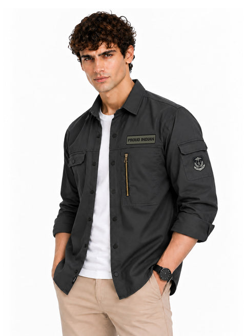 ADRO Men's Proud Indian Cargo Shirt | Full Sleeve Button Down Utility Cargo Shirt | Dark Grey | Regular Fit | Multi Pocket Casual Streetwear