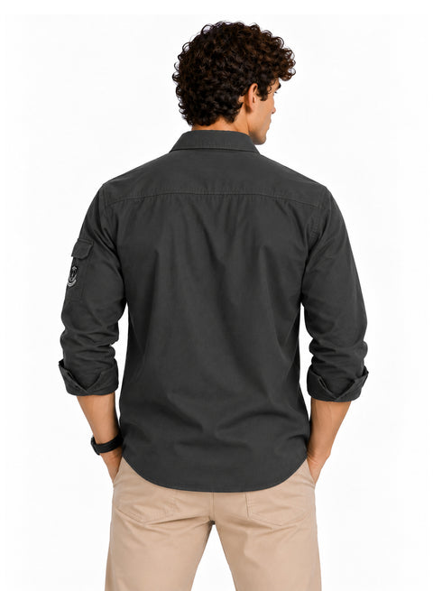 ADRO Men's Proud Indian Cargo Shirt | Full Sleeve Button Down Utility Cargo Shirt | Dark Grey | Regular Fit | Multi Pocket Casual Streetwear