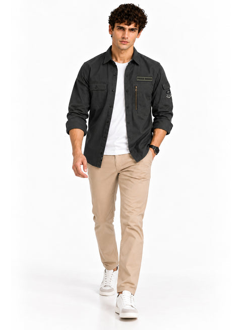 ADRO Men's Proud Indian Cargo Shirt | Full Sleeve Button Down Utility Cargo Shirt | Dark Grey | Regular Fit | Multi Pocket Casual Streetwear