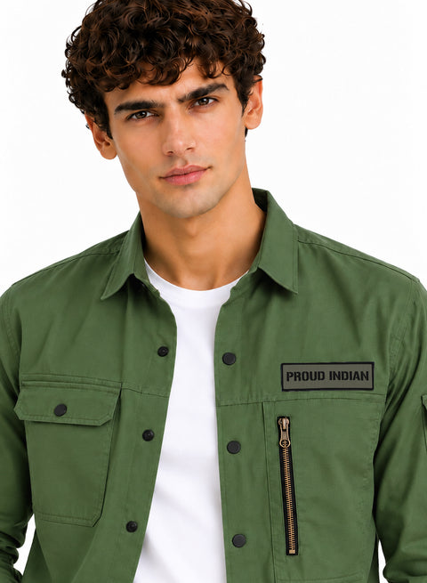 ADRO Men's Proud Indian Cargo Shirt | Full Sleeve Button Down Utility Cargo Shirt | Green | Regular Fit | Multi Pocket Casual Streetwear