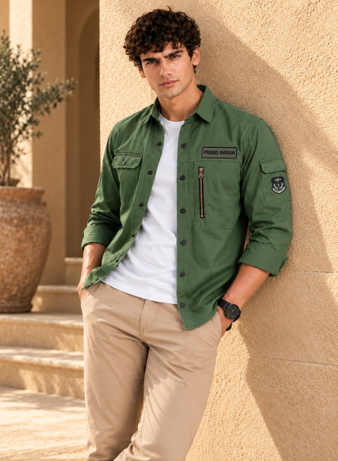 ADRO Men's Proud Indian Cargo Shirt | Full Sleeve Button Down Utility Cargo Shirt | Green | Regular Fit | Multi Pocket Casual Streetwear