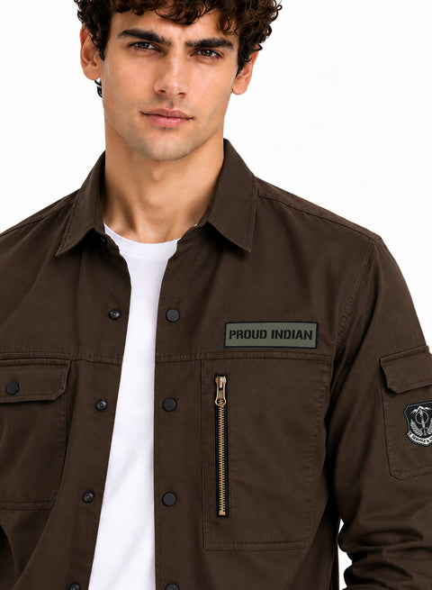 ADRO Men's Proud Indian Cargo Shirt | Full Sleeve Button Down Utility Cargo Shirt | Brown | Regular Fit | Multi Pocket Casual Streetwear