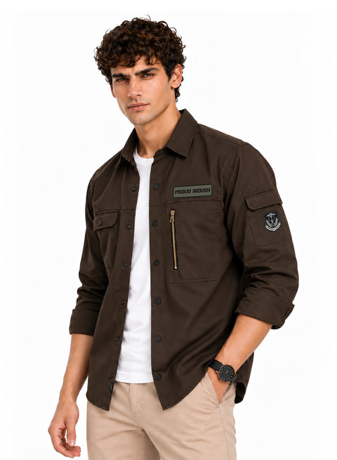 ADRO Men's Proud Indian Cargo Shirt | Full Sleeve Button Down Utility Cargo Shirt | Brown | Regular Fit | Multi Pocket Casual Streetwear