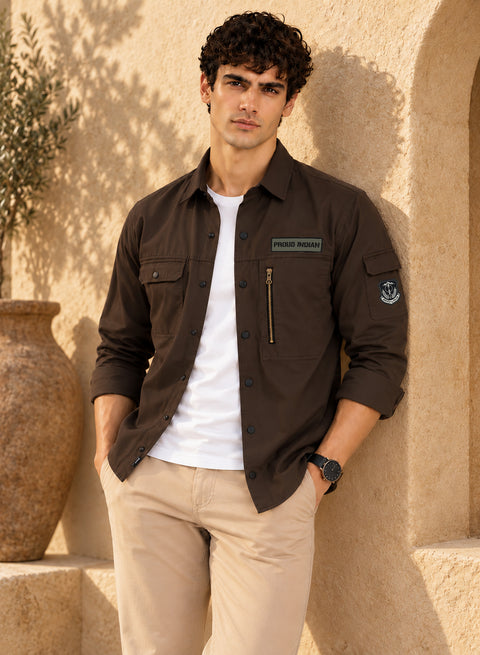 ADRO Men's Proud Indian Cargo Shirt | Full Sleeve Button Down Utility Cargo Shirt | Brown | Regular Fit | Multi Pocket Casual Streetwear