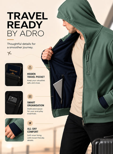 Adro Travel Hoodie for Men | Mens Multi Utility Zipper Hoodies| 320 GSM Soft Cotton |Men's Winter Sweatshirt | Waterproof Pockets Zip-Up Jacket with Hood Eye Shade |Pista